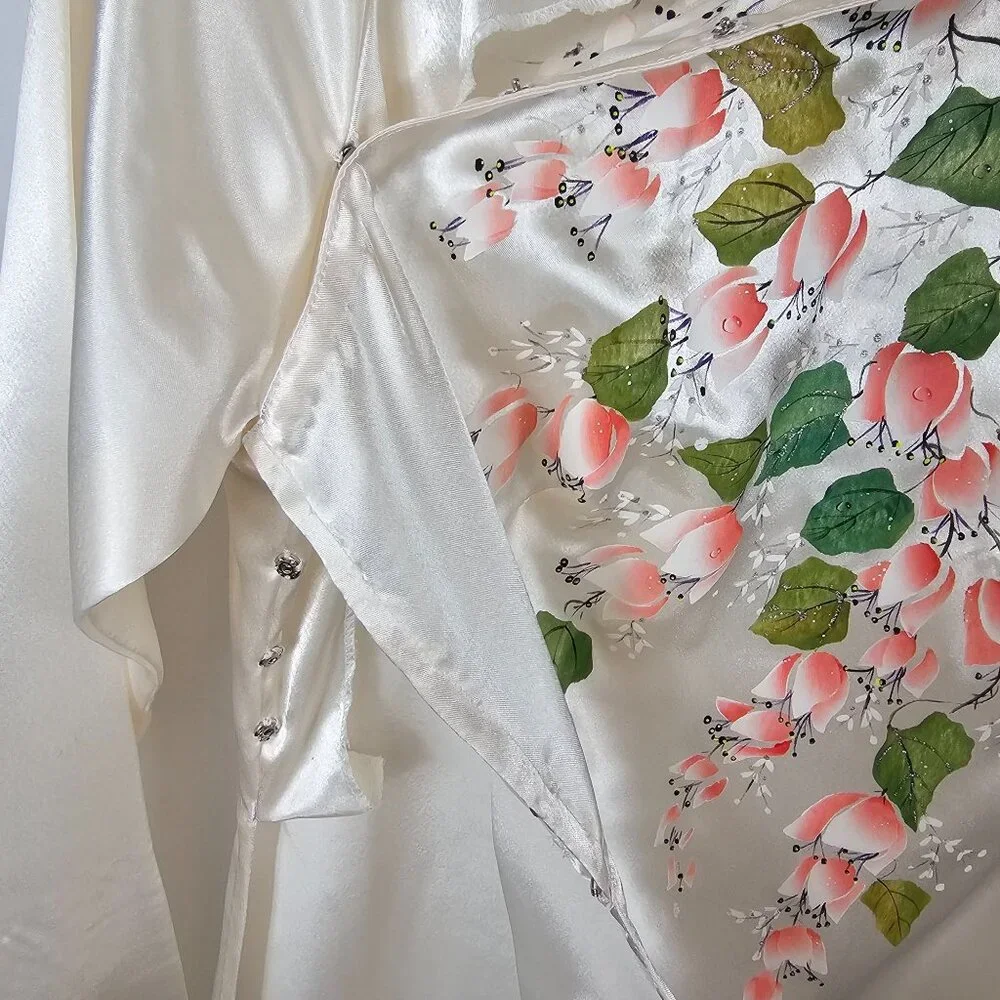 VTG Robe + Pant Sleepwear Set White Satin Floral Soft Loungewear Retro MCM OS